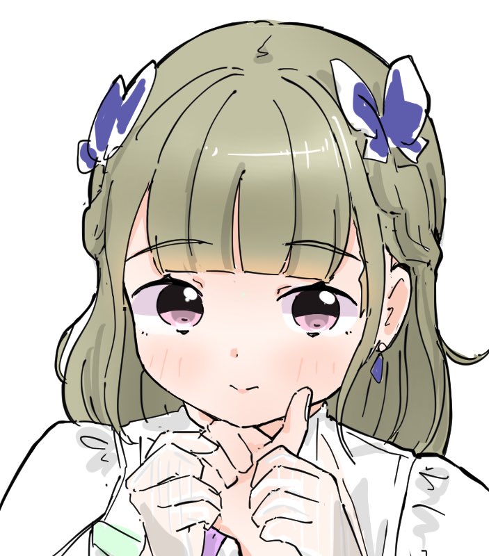 2girls anyoji_hime aurora_flower_(love_live!) blunt_bangs blush braid brown_hair butterfly_hair_ornament center-flap_bangs commentary earrings female_pov gloves hair_ornament half_up_braid hand_on_another&#039;s_chin jewelry kachimachi_kosuzu link!_like!_love_live! long_hair looking_at_viewer love_live! multiple_girls official_alternate_costume pink_eyes portrait pov pov_hands sidelocks simple_background solo_focus symbol-only_commentary tazaki_masanobu virtual_youtuber white_background white_gloves