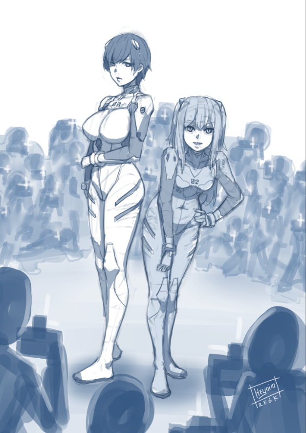 2girls 6+others artist_name ayanami_rei ayanami_rei_(cosplay) bodysuit borrowed_character breasts cosplay full_body gloves hand_on_own_hip heynim interface_headset_(evangelion) leaning_forward looking_at_viewer mecha_pilot_suit medium_breasts melissa_renata monochrome multiple_girls multiple_others neon_genesis_evangelion norman_maggot olive_laurentia original petite plugsuit_(cosplay) plugsuit_(evangelion) simple_background small_breasts souryuu_asuka_langley souryuu_asuka_langley_(cosplay) standing