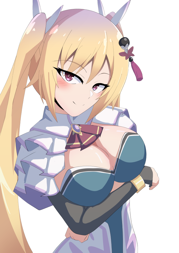 1girl arms_under_breasts ascot assault_lily bangle blonde_hair blue_dress blush bracelet breasts capelet cleavage closed_mouth commentary crossed_arms detached_sleeves dress frilled_capelet frills gem gradient_hair hair_ornament hair_ribbon ishitsuma_canon jewelry large_breasts long_hair long_sleeves looking_at_viewer matsumura_fuuka multicolored_hair official_alternate_costume official_alternate_hair_color pink_eyes purple_gemstone purple_hair red_ascot ribbon simple_background sleeves_past_wrists smile solo strapless strapless_dress tassel tassel_hair_ornament twintails two-tone_dress two-tone_hair upper_body very_long_hair white_background white_capelet white_dress