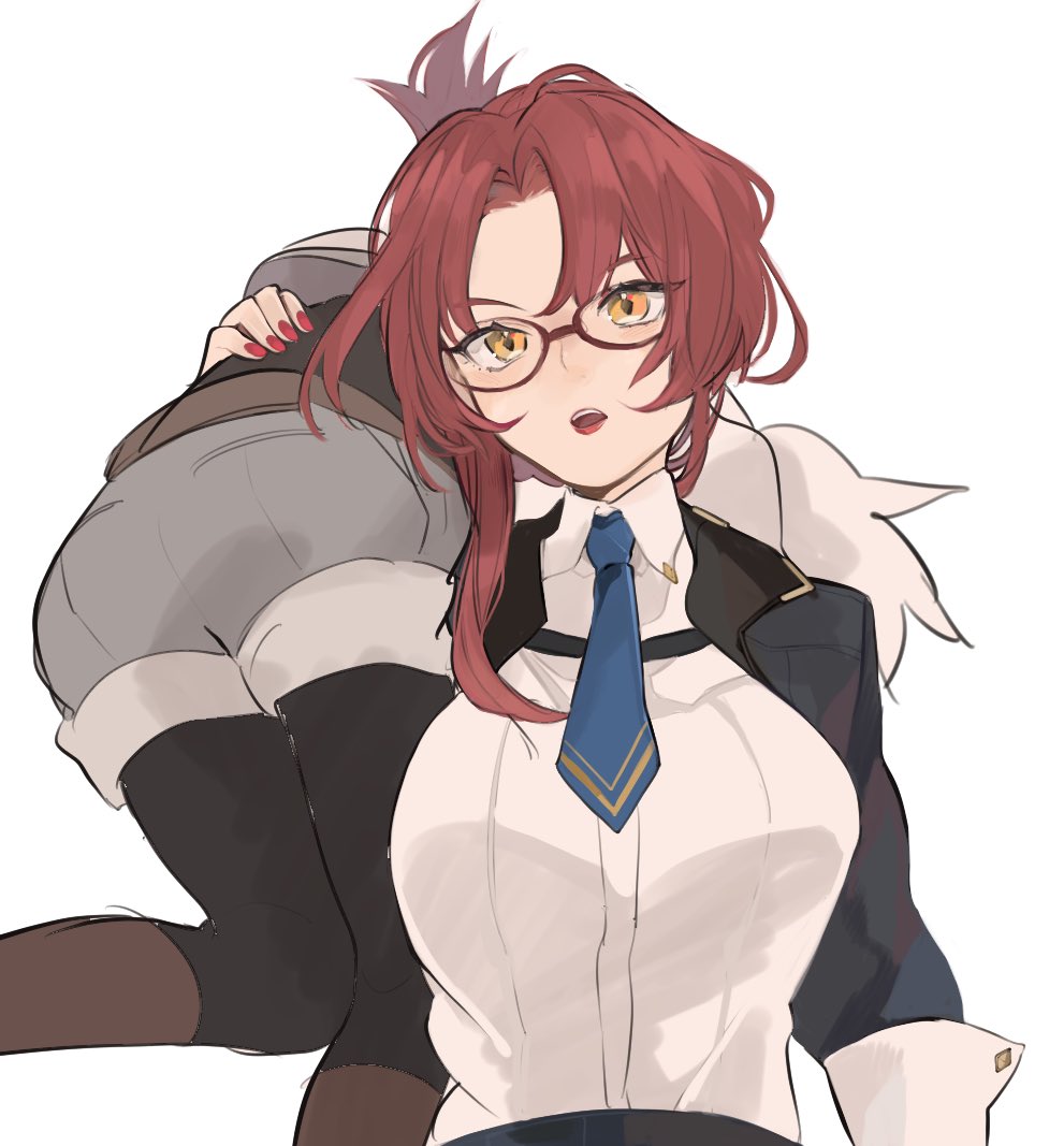 2girls :o black_pantyhose blue_jacket blue_necktie breasts carrying_over_shoulder collared_shirt glasses grey_shorts honkai_(series) honkai_impact_3rd jacket kiana_kaslana kiana_kaslana_(valkyrie_ranger) large_breasts lipstick looking_at_viewer makeup mogomaco multiple_girls murata_himeko nail_polish necktie open_mouth pantyhose red_hair red_nails shirt shorts simple_background teacher upper_body white_background white_hair white_jacket white_shirt yellow_eyes