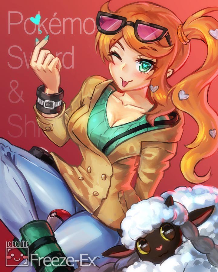 1girl aqua_boots aqua_eyes aqua_nails aqua_shirt boots breasts brown_coat cleavage coat collarbone denim eyewear_on_head freeze-ex gen_8_pokemon hair_ornament heart heart-shaped_pupils heart_hair_ornament horns index_finger_raised jeans knee_up large_breasts long_hair nintendo one_eye_closed orange-tinted_eyewear orange_hair pants pokemon pokemon_(creature) pokemon_swsh ribbed_shirt sheep shirt side_ponytail smile solo sonia_(pokemon) sunglasses symbol-shaped_pupils tinted_eyewear tongue tongue_out v-neck wavy_hair white_fur wooloo