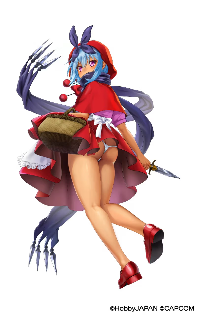 1girl ass b.b._hood blue_hair bulleta_(cosplay) butt_crack capcom cosplay crossover darkstalkers highres hobby_japan irma_(queen&#039;s_blade) official_art purple_eyes queen&#039;s_blade queen&#039;s_blade_limit_break solo