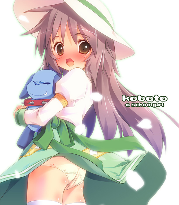 00s 1girl ass blonde_hair blush brown_hair clothes_lift female_focus hanato_kobato hat ioryogi kobato. panties pu-en skirt skirt_lift solo stuffed_animal stuffed_toy thighhighs underwear wind wind_lift