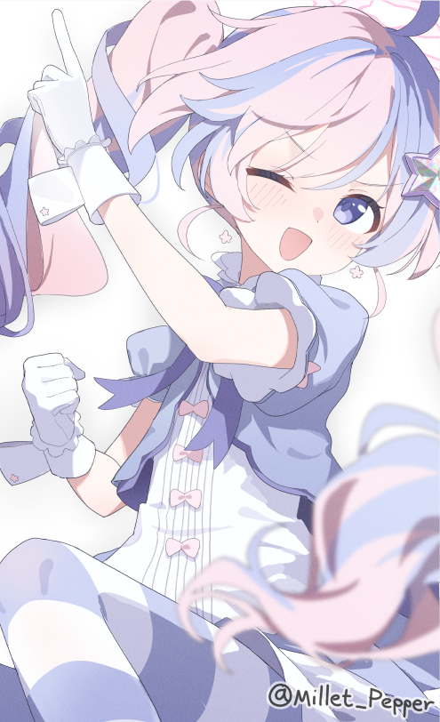 1girl ahoge arm_up blue_archive cowboy_shot dot_nose dress foreshortening gloves hair_ornament halo millet_pepper multicolored_hair one_eye_closed open_mouth pink_hair pink_halo pointing pointing_up purple_eyes purple_hair reisa_(blue_archive) reisa_(magical)_(blue_archive) simple_background solo star_(symbol) star_hair_ornament thighhighs twintails twitter_username two-tone_hair white_background white_gloves