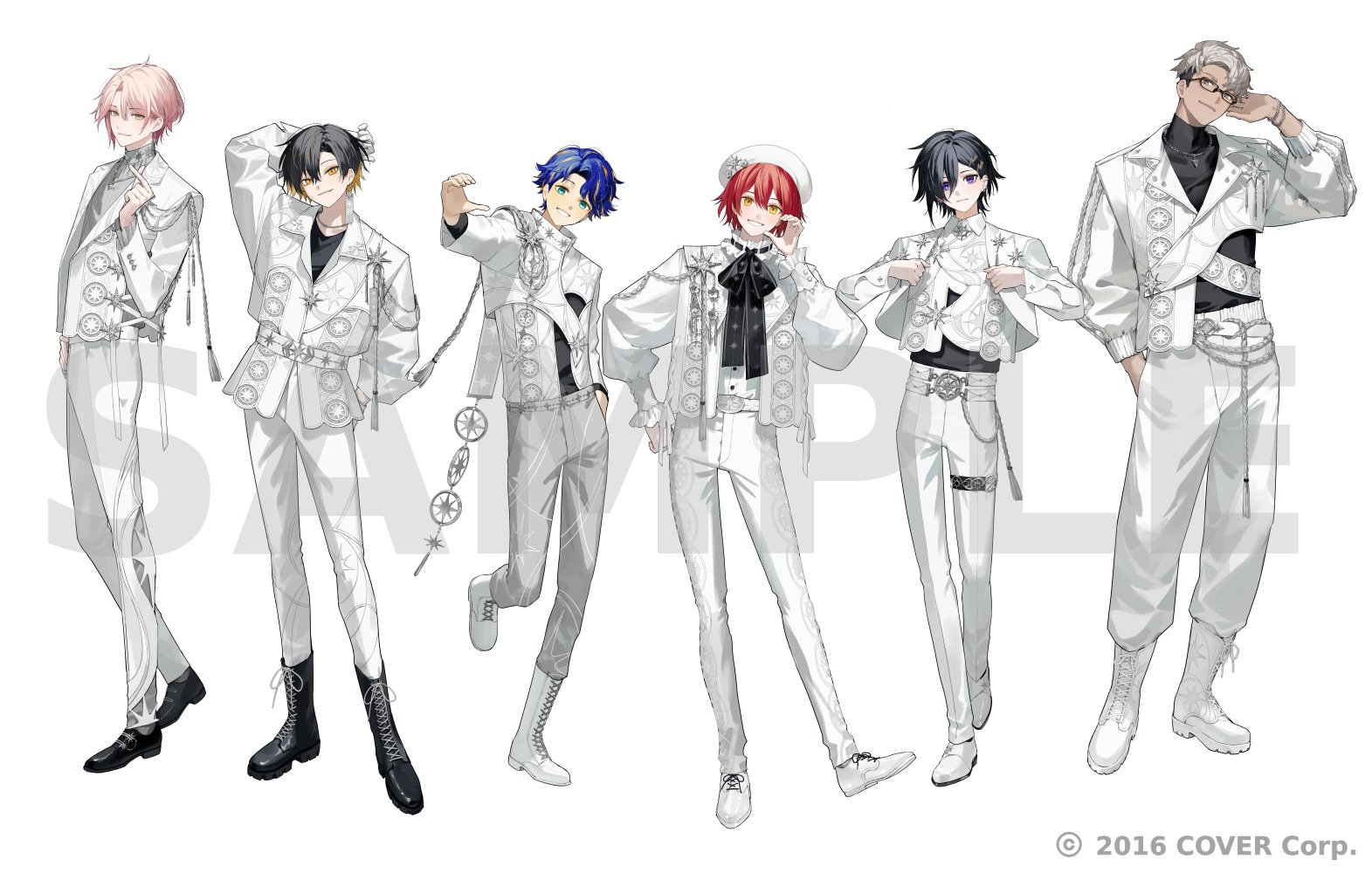 6+boys adjusting_clothes adjusting_eyewear aiguillette alternate_costume alternate_hairstyle aqua_eyes arm_behind_head arurandeisu astel_leda asymmetrical_clothes asymmetrical_jacket belt beret black_footwear black_hair black_ribbon black_shirt black_undershirt blonde_hair blue_hair boots bracelet closed_mouth clothing_cutout collared_shirt copyright_notice cuff_links curtained_hair dress_shirt dress_shoes ear_piercing earrings fang finger_heart frilled_shirt_collar frilled_sleeves frills full_body glasses gloves green_eyes grey_hair grey_pants grey_shirt grin hair_behind_ear hair_between_eyes hair_ornament hairclip half-heart_hands hanasaki_miyabi hand_in_pocket hand_on_own_hip hat hat_ornament holostars jacket jewelry kanade_izuru lace-up_boots lapel_pin light_blush lightning_bolt lightning_bolt_hair_ornament lightning_bolt_symbol lineup long_sleeves looking_at_viewer male_focus monk_shoes multicolored_hair multiple_boys neck_ribbon necklace official_art open_clothes open_jacket pants piercing pink_hair puffy_long_sleeves puffy_sleeves puritan_collar purple_eyes red_hair ribbon rikka_(holostars) rope_belt sample_watermark shirt shoes short_hair side_part simple_background single_earring smile standing star_(symbol) star_cutout star_hat_ornament star_print streaked_hair swept_bangs tassel thigh_strap turtleneck two-tone_hair ugonba_(howatoro) undercut virtual_youtuber watermark white_background white_belt white_footwear white_gloves white_hat white_jacket white_pants white_shirt yatogami_fuma yellow_eyes