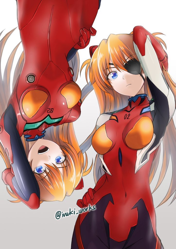 1girl arm_behind_head arm_up artist_name blue_eyes bodysuit breasts covered_navel eyepatch hand_on_own_hip interface_headset_(evangelion) ivuki large_breasts legs long_hair looking_at_viewer mecha_pilot_suit model_pose multiple_views neon_genesis_evangelion open_mouth plugsuit_(evangelion) rebuild_of_evangelion red_bodysuit smile souryuu_asuka_langley thighs tongue