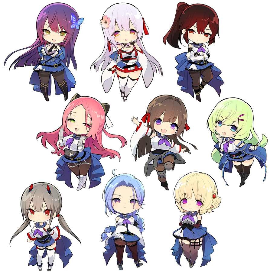 6+girls :d ahoge ankle_boots arm_at_side arm_up armored_boots arms_at_sides arms_under_breasts assault_lily bare_shoulders belt black_belt black_footwear black_gloves black_thighhighs blonde_hair blue_eyes blue_hair blue_jacket blue_sailor_collar blue_skirt blunt_bangs blunt_ends boots braid braided_ponytail breasts bright_pupils brown_hair brown_pantyhose butterfly_hair_ornament chibi cleavage closed_mouth clothes_around_waist collared_shirt commentary_request criss-cross_halter crossed_arms detached_sleeves epaulettes floating_hair flower flower_knot fujita_asagao funada_kiito funada_ui garter_straps gauntlets gem gem_hair_ornament gloves green_eyes green_hair grey_footwear grey_hair grey_shirt hair_flower hair_intakes hair_ornament hair_ribbon hairclip hairpods halterneck hand_on_own_chest hand_on_own_hip hand_to_own_mouth hand_up hands_up heel_up heterochromia high_ponytail horns hotaru_(ultraroly_poly) igusa_subaru imamura_yukari_(assault_lily) jacket japanese_clothes kawabata_hotaru kimono kimono_skirt knee_boots knee_pads kozue_west lace-up_boots layered_sleeves leaning_forward leg_belt leg_up light_blush long_hair long_sleeves looking_at_viewer low_poly low_twintails mechanical_horns medium_breasts medium_hair midriff_peek miniskirt mole mole_under_mouth multiple_girls nagasawa_yuki_(assault_lily) neckerchief o-ring o-ring_thigh_strap obi obijime odaiba_girls_high_school_uniform off_shoulder official_art open_mouth outstretched_arms own_hands_together pantyhose parted_bangs parted_lips partially_fingerless_gloves pink_flower pleated_skirt ponytail purple_eyes purple_hair purple_neckerchief red_eyes red_gemstone red_hair red_horns red_ribbon ribbon sailor_collar sandals sash school_uniform serafuku shiba_tomoshibi shirt short_hair short_kimono siblings side_braid simple_background single_braid sisters skirt sleeveless sleeveless_shirt sleeves_past_wrists smile standing standing_on_one_leg tassel tassel_hair_ornament thigh_strap thighband_pantyhose thighhighs thighhighs_over_pantyhose thighhighs_under_boots twintails undershirt v-shaped_eyebrows very_long_hair waist_cape white_background white_footwear white_kimono white_pupils white_ribbon white_shirt white_thighhighs wide_sleeves zettai_ryouiki zouri