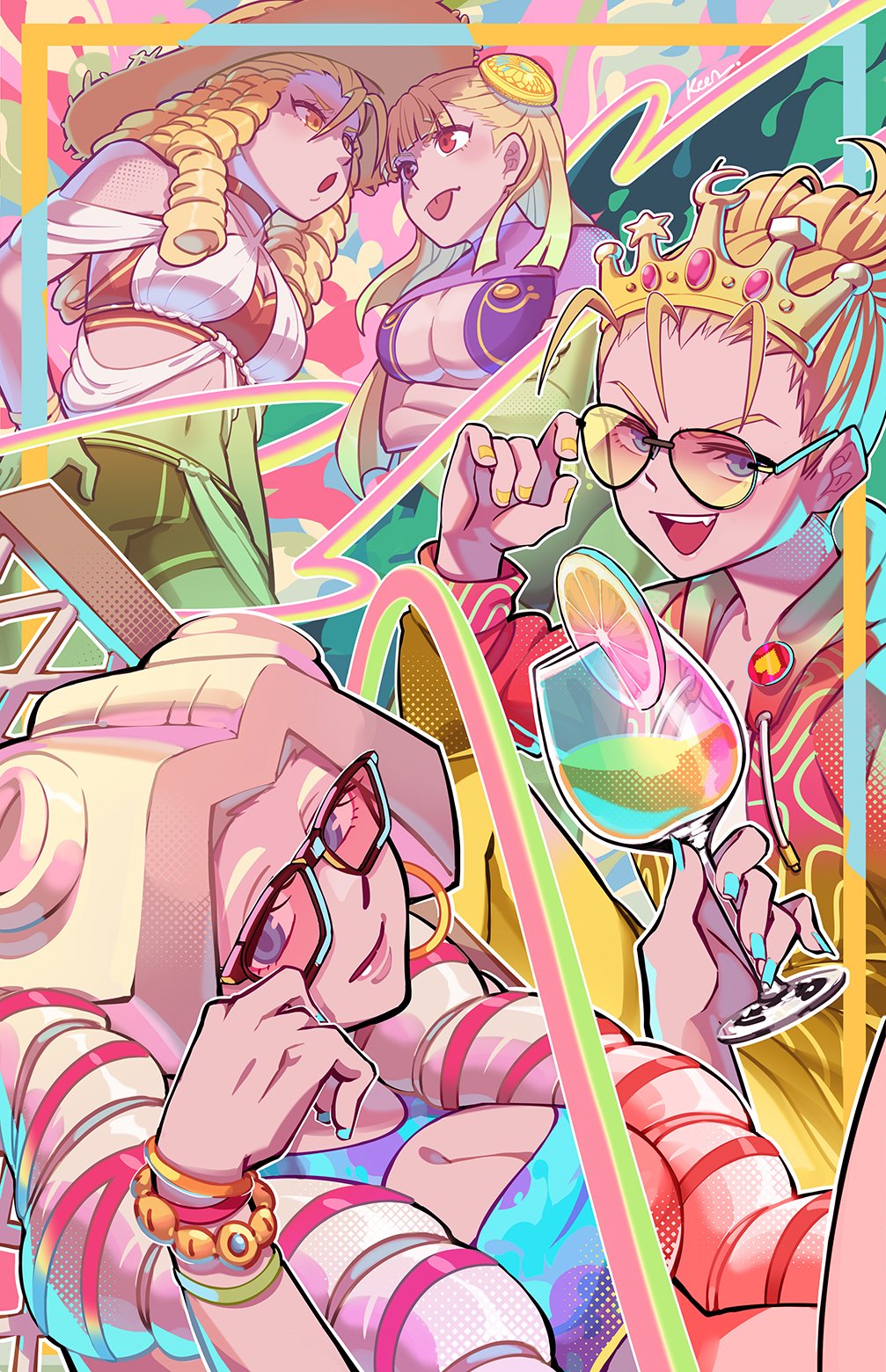 4girls bikini bikini_shorts blonde_hair bracelet breasts capcom capcom_fighting_jam cocktail_glass color_connection commentary company_connection crossover cup cyberbots devilot_de_deathsatan_ix drill_hair drinking_glass earrings english_commentary glaring hair_color_connection hat highres hoop_earrings ingrid_(capcom) jewelry justice_gakuen kanzuki_karin keenbiscuit kirishima_yurika looking_at_viewer multiple_crossover multiple_girls open_mouth shorts straw_hat street_fighter sunglasses swimsuit tiara tongue tongue_out trait_connection