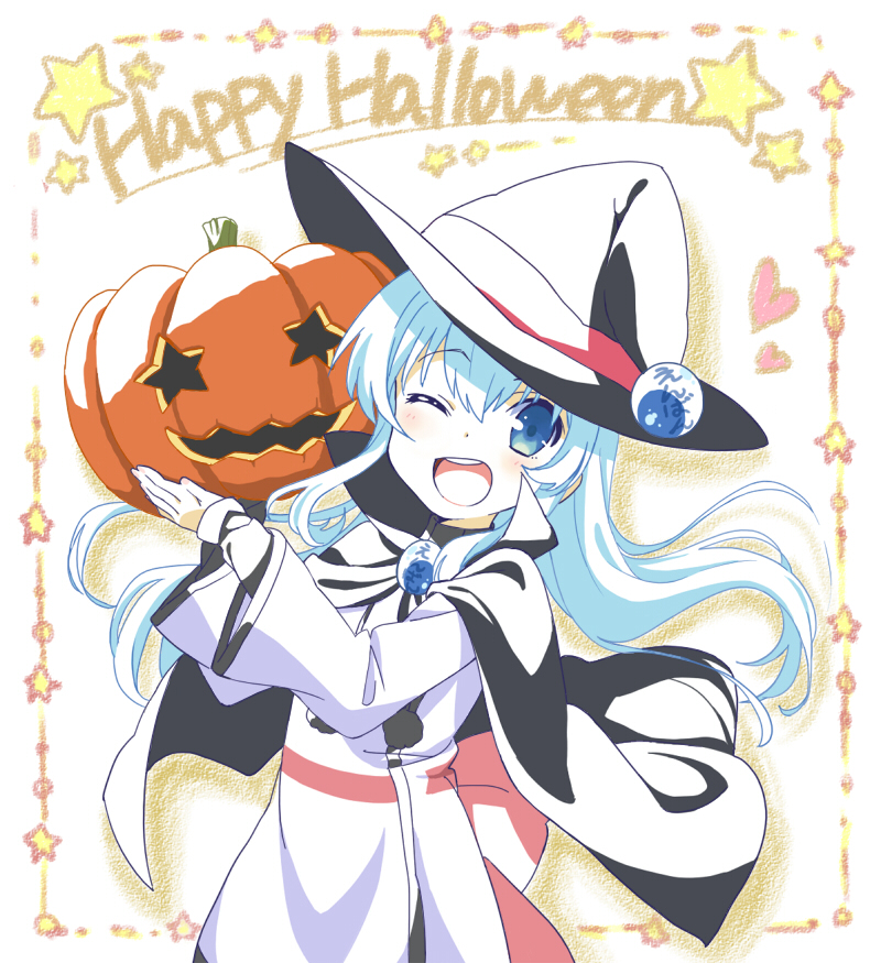 1girl 2tororo2 blue_eyes blue_hair dot_nose english_text feet_out_of_frame female_focus halloween hat holding holding_jack_o_lantern holding_weapon jack-o&#039;-lantern long_hair noel_(sora_no_method) one_eye_closed open_mouth solo sora_no_method standing star_(symbol) teeth weapon witch_hat