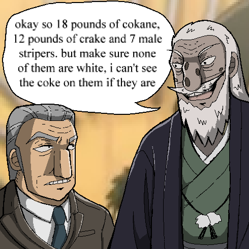 2boys beard big_nose black_jacket blue_necktie brown_jacket bupidoodles collared_shirt commentary english_commentary english_text facial_hair formal_clothes fukumoto_nobuyuki_(style) green_kimono grey_hair happi hyoudou_kazutaka jacket japanese_clothes kaiji kimono looking_at_another lowres male_focus meme mole multiple_boys mustache necktie oekaki official_style ok_so_18_pounds_of_cokane_(meme) old old_man open_mouth parody shirt short_hair smile style_parody suit tails_gets_trolled tonegawa_yukio upper_body very_short_hair white_hair white_shirt