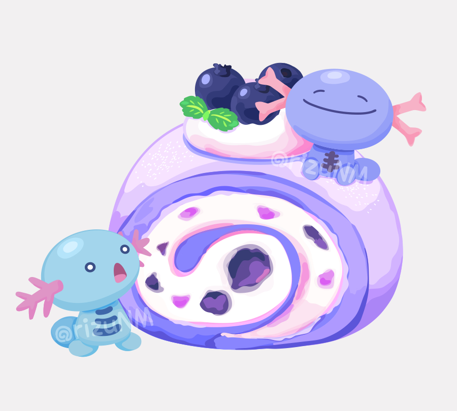 alternate_color blueberry cake food food_focus fruit gen_2_pokemon leaf nintendo no_humans paldean_wooper pokemon pokemon_(creature) rizu_(rizunm) shiny_pokemon simple_background swiss_roll white_background wooper
