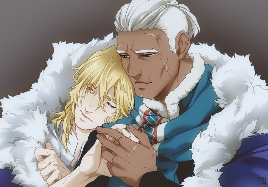 2boys aqua_scarf arm_up black_shirt blonde_hair blue_cape cape closed_eyes closed_mouth collared_shirt couple dark-skinned_male dark_skin dedue_molinaro dedue_molinaro_(timeskip) dimitri_alexandre_blaiddyd eye_injury facial_scar fire_emblem fire_emblem:_three_houses fur_trim green_eyes grey_background hair_slicked_back holding_hands interlocked_fingers interracial leaning_on_person long_sleeves looking_at_another male_focus multiple_boys nintendo open_clothes open_shirt patterned_clothing ponytail ruebird scar scar_on_cheek scar_on_chin scar_on_face scar_on_forehead scar_on_hand scarf shirt short_ponytail short_sideburns sideburns simple_background smile upper_body white_fur white_hair white_shirt yaoi