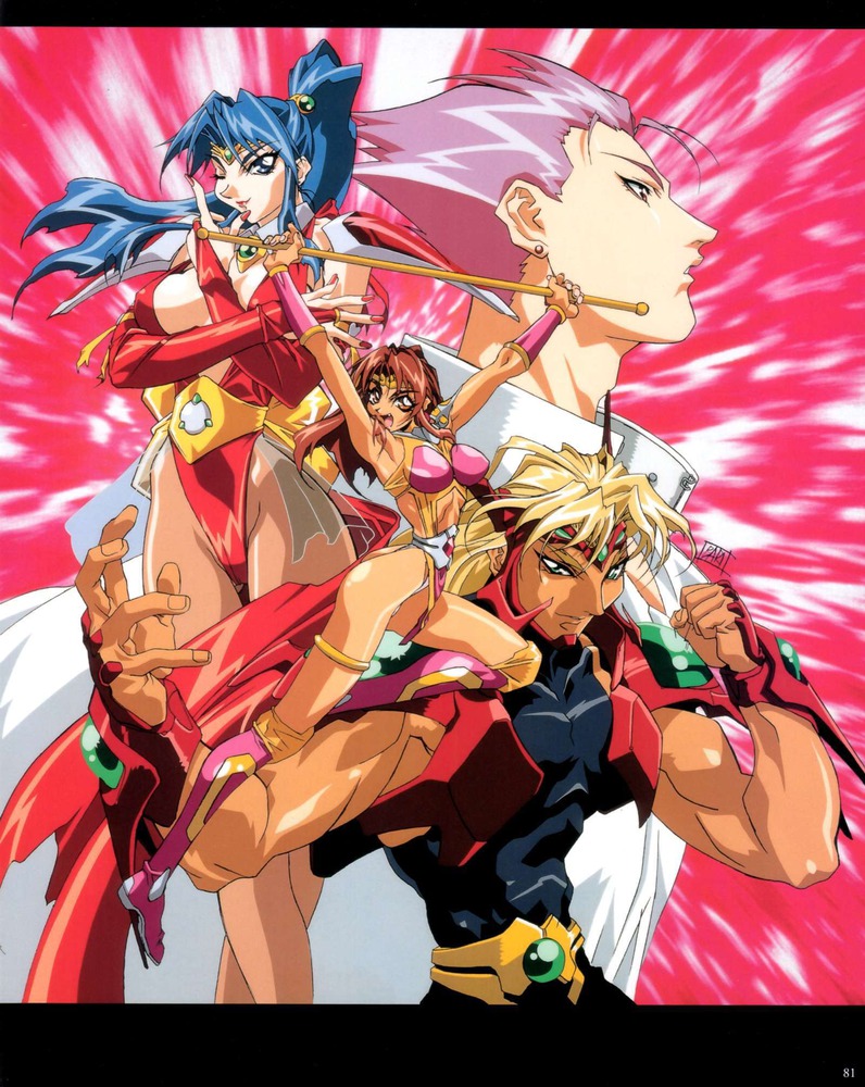 1990s_(style) 2boys 2girls armor armpits arms_up ass blonde_hair blue_eyes blue_hair boots breasts bridal_gauntlets brown_hair choujin_gakuen_gowcaizer earrings green_eyes high_ponytail hishizaki_shaia_(gowcaizer) jewelry kaiza_isato large_breasts leotard letterboxed long_hair multiple_boys multiple_girls nail_polish official_art one_eye_closed oobari_masami pink_background pink_boots pink_hair ponytail red_leotard retro_artstyle scan shigure_kyosuke shigure_kyousuke short_hair smile son_karin spiked_hair staff technos wink