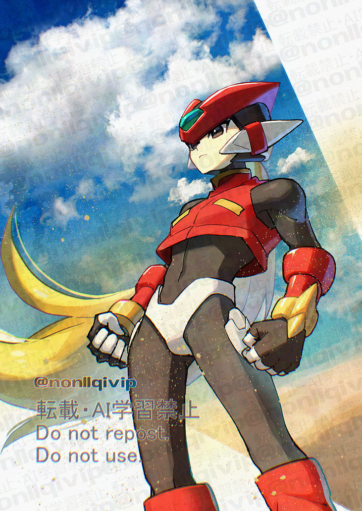 1boy armor black_eyes blonde_hair clenched_hands cloud forehead_jewel helmet long_hair mega_man_(series) mega_man_zero_(series) red_armor red_helmet solo standing watermark yamanashi_taiki zero(z)_(mega_man) zero_(mega_man)