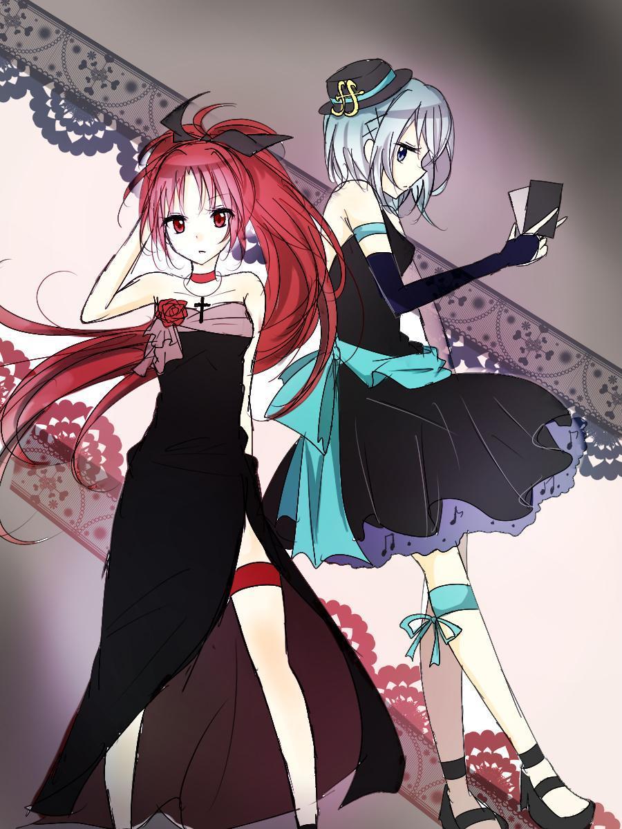 2girls black_dress blue_choker blue_eyes blue_garter_belt blue_hair bow choker detached_sleeves dress fortissimo garter_belt hair_bow highres lace_background long_hair looking_at_viewer mahou_shoujo_madoka_magica miki_sayaka multiple_girls ponytail red_choker red_eyes red_garter_belt red_hair sakuira-ame_(zyosefi-nu) sakura_kyoko short_hair standing