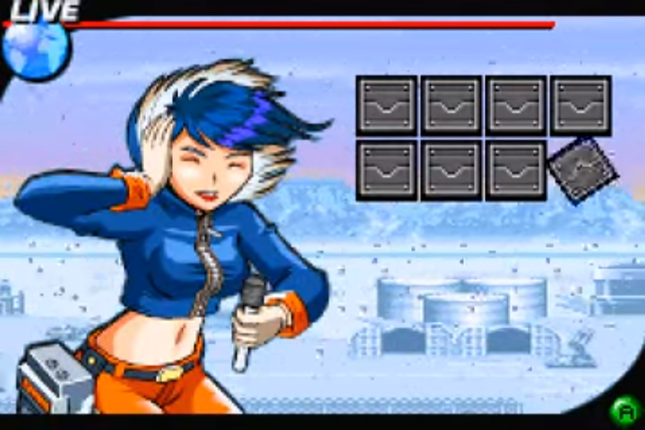 1girl atari belt black_belt blue_hair coat cowboy_shot fur-trimmed_hood fur_trim godzilla:_domination godzilla_(series) holding holding_microphone hood lipstick makeup matsu_connie microphone midriff navel newscaster orange_pants outdoors pants parka pipeworks snow standing toho wayforward wind winter