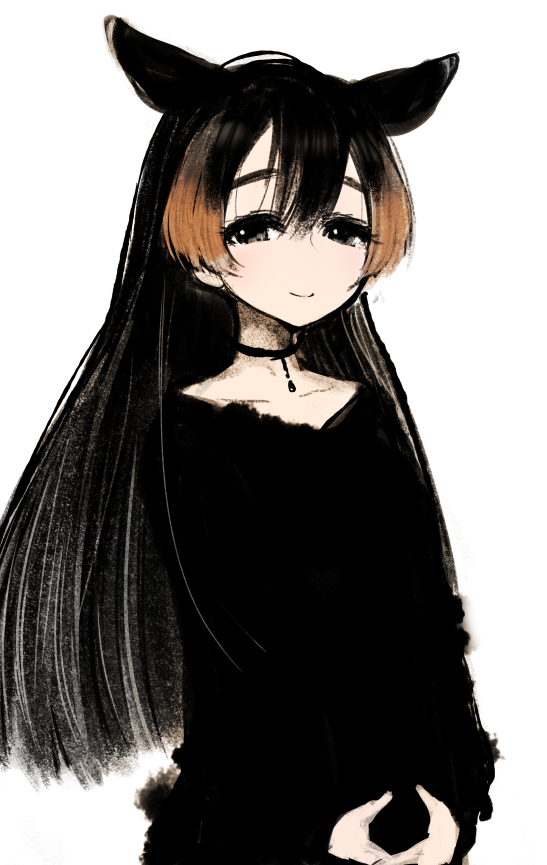 1girl animal_ears black_dress black_eyes black_hair brown_hair choker dress extra_ears ise_(0425) kemono_friends long_hair looking_at_viewer mountain_tapir_(kemono_friends) multicolored_hair simple_background solo straight_hair tail tapir_ears tapir_girl tapir_tail two-tone_hair