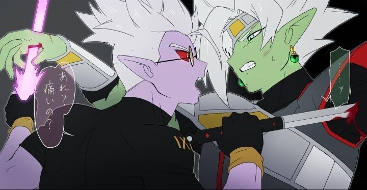 2boys bad_id bad_pixiv_id blood blood_on_clothes bloody_weapon bracer clenched_teeth colored_sclera colored_skin commentary_request compression_shirt dragon_ball dragon_ball_heroes dual_wielding earrings energy energy_sword eyepatch fingerless_gloves from_side fu_(dragon_ball) fused_zamasu glasses gloves green_skin grey_eyes holding impaled injury jewelry looking_at_another male_focus multiple_boys muscular muscular_male nana_tsuba_(pixiv78353289) ninjatou official_alternate_costume one_eye_covered open_mouth pointy_ears potara_earrings purple_skin red_sclera round_eyewear scratches short_hair short_sword speech_bubble spiked_hair stab sweatdrop sword teeth tinted_eyewear torn_clothes translation_request turtleneck upper_body weapon white_eyes white_hair yellow-tinted_eyewear