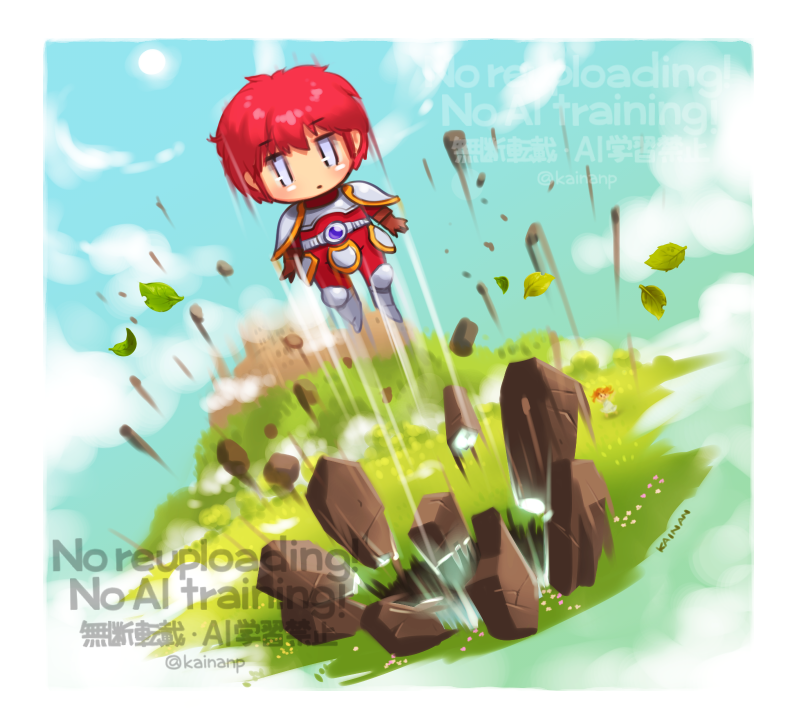 1boy adol_christin ancient_ys_vanished armor blue_sky border chibi chibi_only cloud expressionless grass kainan male_focus outside_border red_hair rock short_hair shoulder_armor sky watermark white_border ys