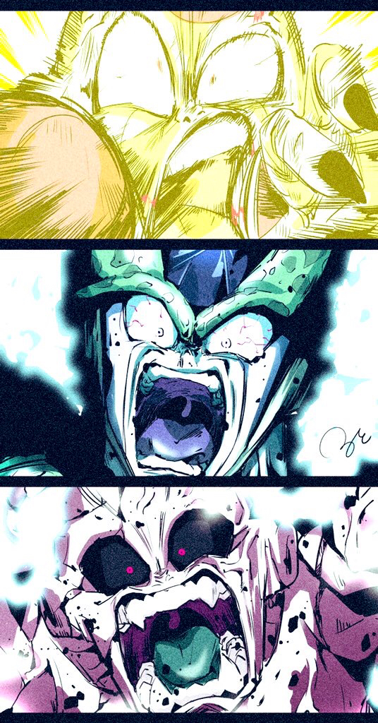 black_nails black_sclera breaking cell_(dragon_ball) colored_sclera colored_skin colored_tongue dragon_ball dragonball_z dying fangs father-son_kamehameha frieza full_power_frieza green_tongue kamehameha_(dragon_ball) kid_buu majin_buu perfect_cell pink_skin red_eyes ruto830 screaming shockwave