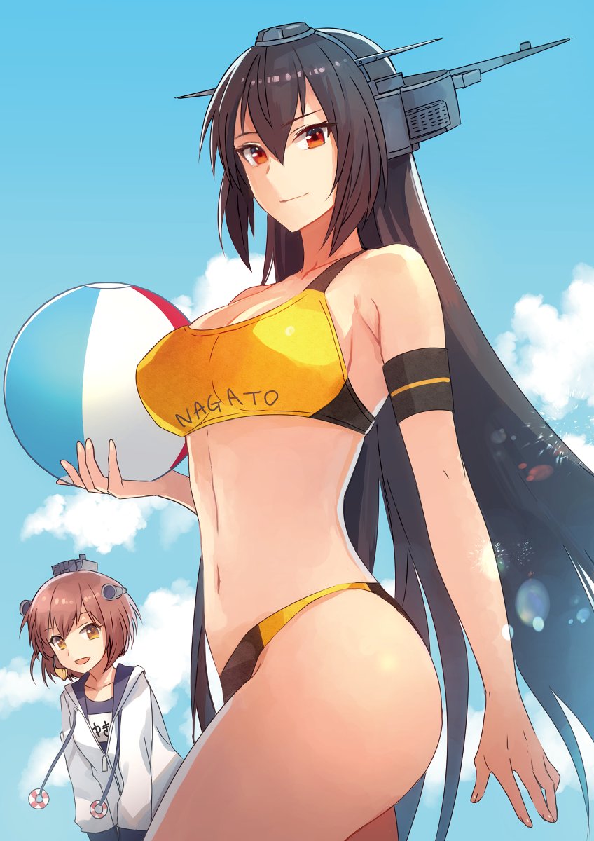 2girls alternate_costume ball beach_volleyball beachball bikini black_hair black_one-piece_swimsuit blue_sky breasts brown_eyes brown_hair character_name closed_mouth clothes_writing cloud cloudy_sky collarbone cowboy_shot day hair_between_eyes headgear highres holding holding_ball jacket kantai_collection kasumi_(skchkko) large_breasts long_hair long_sleeves looking_at_viewer multiple_girls nagato_(kancolle) name_tag navel official_alternate_costume one-piece_swimsuit open_mouth red_eyes sky sports_bikini sportswear swimsuit swimsuit_under_clothes volleyball white_jacket yukikaze_(kancolle) yukikaze_(swimsuit)_(kancolle)