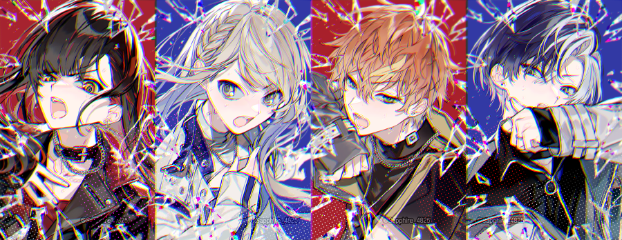 2boys 2girls aoyagi_touya azusawa_kohane black_choker black_hair black_jacket black_undershirt blonde_hair blue_hair choker colored_inner_hair floating_hair green_eyes jacket long_hair looking_at_viewer multicolored_hair multiple_boys multiple_girls open_mouth orange_hair project_sekai red_hair sapphire_(nine) shinonome_akito shiraishi_an streaked_hair vivid_bad_squad_(project_sekai) whip_the_wimp_girl!!_(project_sekai) white_hair white_jacket yellow_eyes