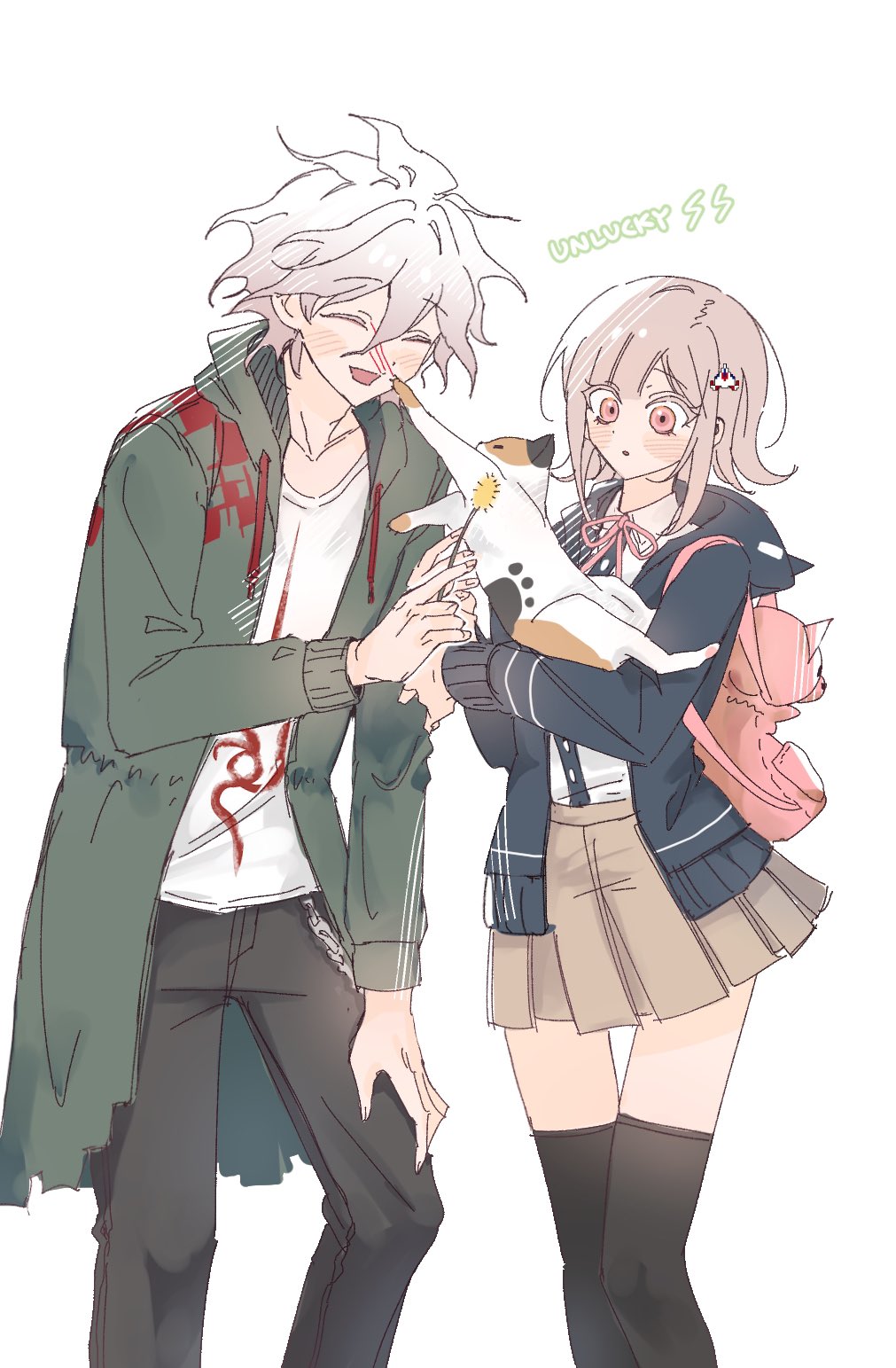 1boy 1girl :o animal animal_bag black_jacket black_pants black_thighhighs blush brown_skirt cat cat_bag danganronpa_(series) danganronpa_2:_goodbye_despair dress_shirt flipped_hair galaga hair_ornament highres holding holding_animal holding_cat hood hooded_jacket jacket komaeda_nagito long_sleeves miniskirt nanami_chiaki open_clothes open_jacket pants pleated_skirt scratching shirt shirt_tucked_in skirt smile spaceship_hair_ornament thighhighs two-tone_shirt vo3olv white_shirt zettai_ryouiki