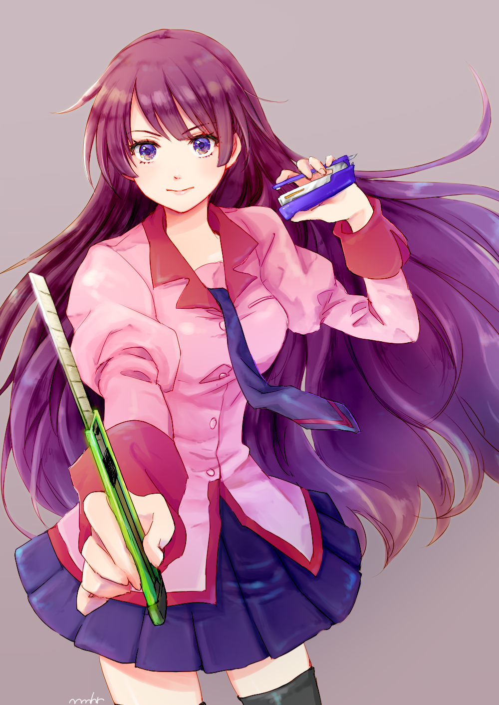 1girl bakemonogatari black_thighhighs blue_eyes boxcutter closed_mouth female_focus highres holding holding_boxcutter long_hair long_sleeves looking_at_viewer mamehara miniskirt monogatari_(series) necktie pink_lips pleated_skirt puffy_long_sleeves puffy_sleeves purple_hair purple_necktie school_uniform senjougahara_hitagi signature skirt solo stapler stationery thighhighs zettai_ryouiki