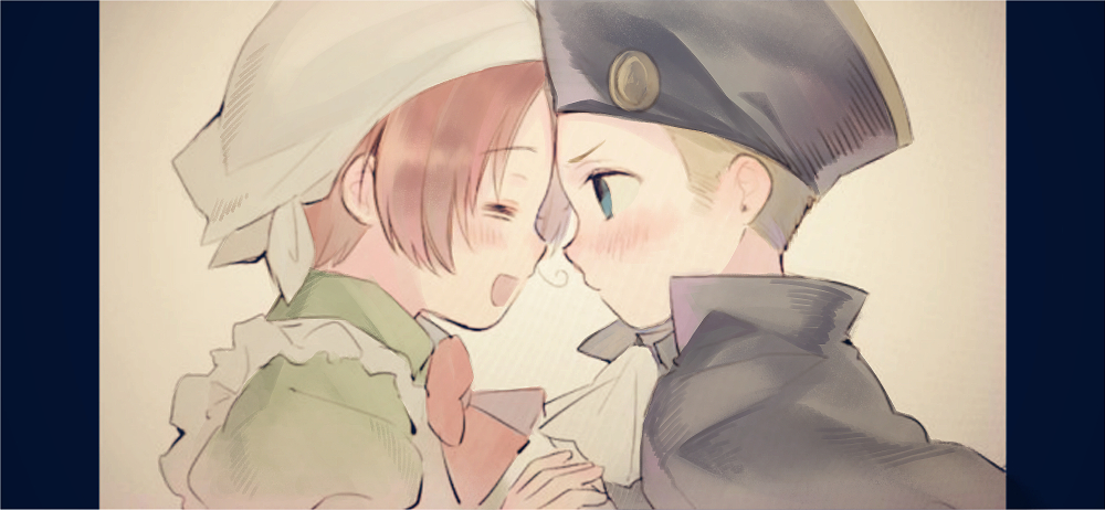 2boys ahoge apron ascot axis_powers_hetalia black_border black_cape black_hat blonde_hair blue_eyes blush border bow bowtie brown_hair cape chibitalia_(hetalia) child closed_eyes closed_mouth collared_dress commentary_request dress frills hat headscarf holding_hands holy_roman_empire_(hetalia) juliet_sleeves long_sleeves looking_at_another male_focus multiple_boys northern_italy_(hetalia) open_mouth puffy_sleeves red_bow red_bowtie shio_konbu_(syoko128) short_hair simple_background smile upper_body white_apron white_ascot white_headscarf yaoi yellow_background