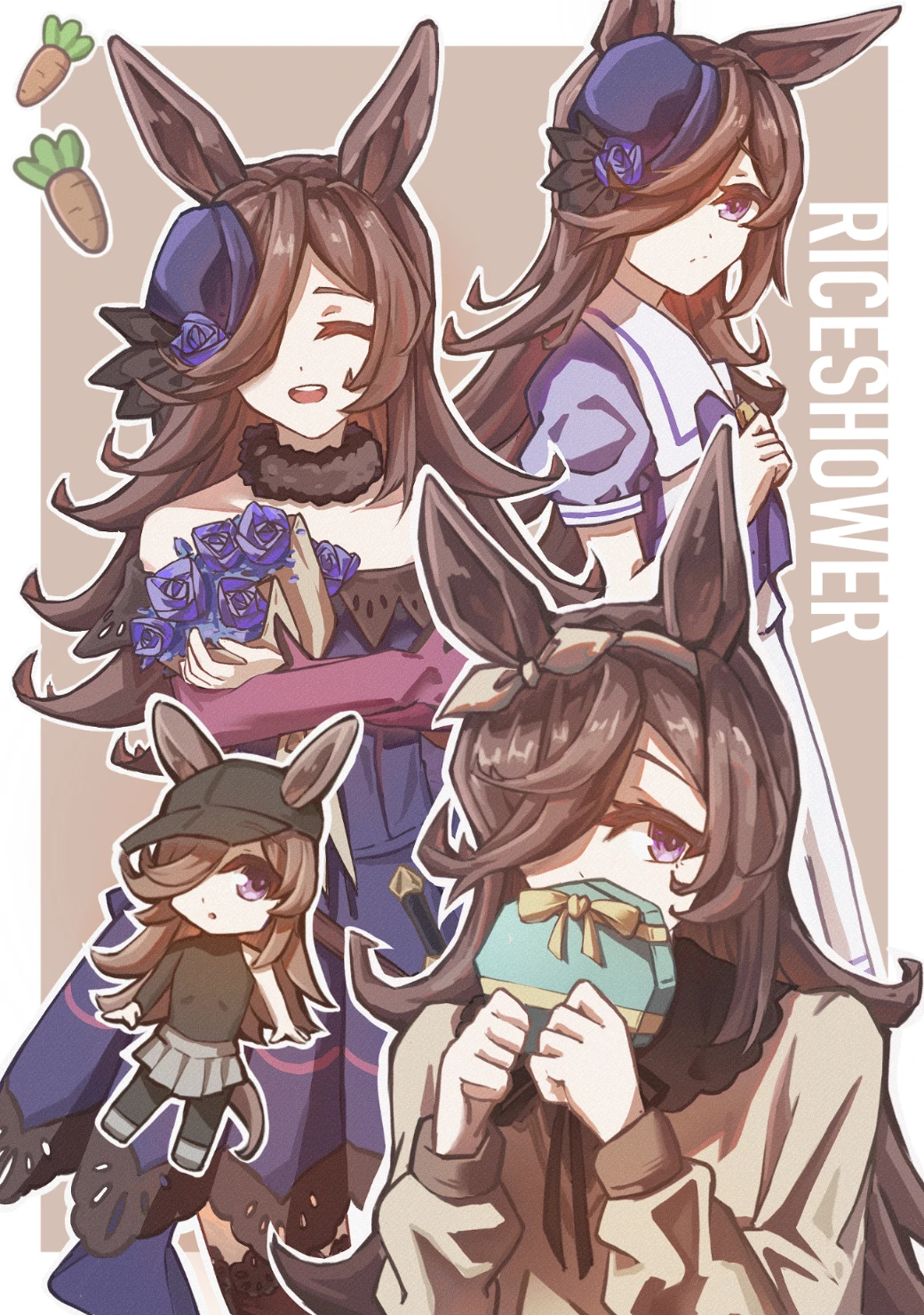 1girl :/ baseball_cap black_bridal_gauntlets black_hair black_hat black_leggings black_undershirt blue_eyes blue_flower blue_hat blue_rose bouquet bow bowtie breasts bridal_gauntlets character_name closed_eyes commentary_request covering_own_mouth de-lease dress ear_bow ears_through_headwear flower fur_choker gift green_skirt hair_over_one_eye hat hat_flower highres holding holding_bouquet holding_gift holding_weapon leggings long_hair long_sleeves multiple_views open_mouth pink_bow pink_hair pleated_dress pleated_skirt puffy_short_sleeves puffy_sleeves purple_bow purple_bowtie purple_dress purple_shirt rice_shower_(umamusume) rose sailor_collar school_uniform shirt short_sleeves single_sleeve skirt smile swept_bangs teeth tilted_headwear tracen_school_uniform umamusume upper_teeth_only very_long_hair weapon white_sailor_collar white_skirt yellow_shirt