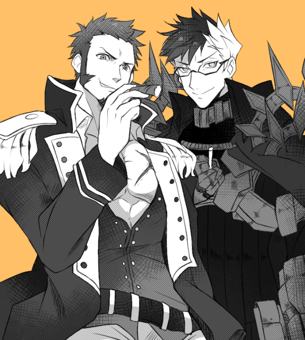 2boys cape cigar cigarette coat commentary cross_scar epaulettes facial_hair facial_scar fate/grand_order fate_(series) gauntlets glasses goatee greyscale_with_colored_background holding holding_cigar holding_cigarette long_sideburns male_focus multicolored_hair multiple_boys napoleon_bonaparte_(fate) partially_unbuttoned pectoral_cleavage pectorals scar scar_on_cheek scar_on_face sideburns sigurd_(fate) smile split-color_hair symbol-only_commentary two-tone_hair uni_(unnny)