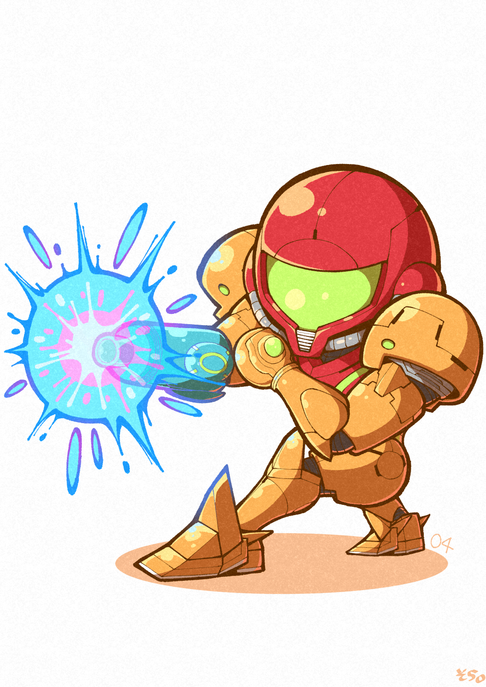 04sora40 1girl arm_cannon armor chibi energy_cannon full_body highres metroid nintendo power_armor power_suit_(metroid) samus_aran simple_background solo super_smash_bros. varia_suit weapon white_background
