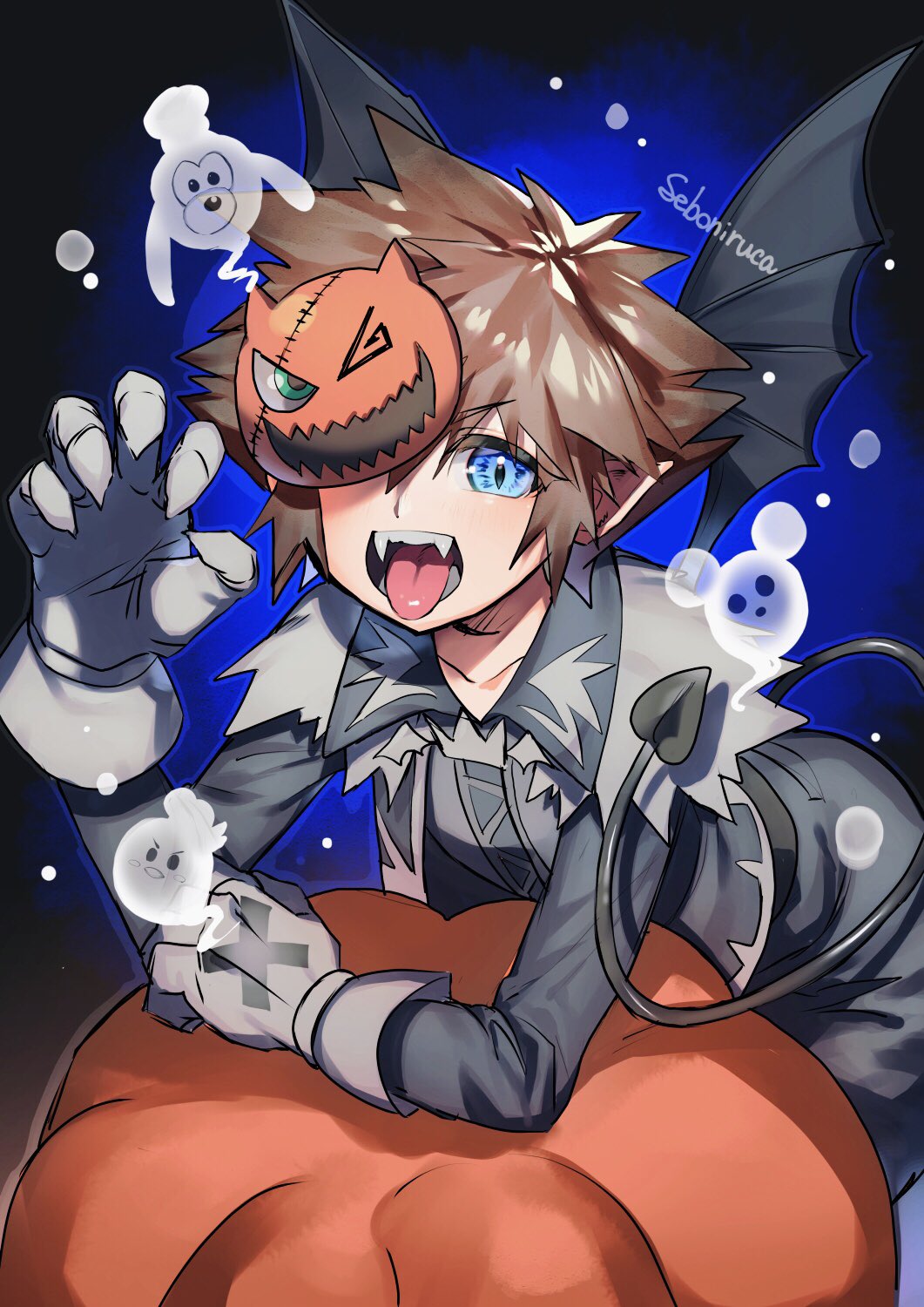 1boy artist_name bat_wings black_jacket blue_eyes brown_hair claws clenched_hand demon_tail donald_duck fangs ghost gloves goofy grey_gloves hair_between_eyes halloween halloween_costume highres jacket kingdom_hearts leaning_forward long_sleeves male_focus mickey_mouse mickey_mouse_&amp;_friends official_alternate_costume one_eye_covered open_mouth pointy_ears seboniruca short_hair slit_pupils sora_(halloween_town)_(kingdom_hearts) sora_(kingdom_hearts) spiked_hair tail tongue tongue_out wings