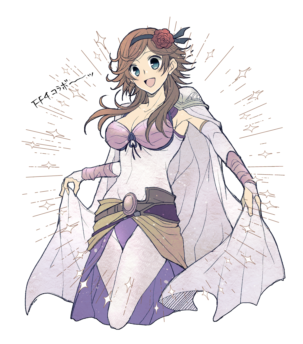 1girl agnea_bristarni armor artist_collaboration black_eyes breasts brown_hair cape cleavage_cutout clothing_cutout cosplay dress final_fantasy final_fantasy_iv flower hair_flower hair_ornament large_breasts long_hair octopath_traveler octopath_traveler:_champions_of_the_continent octopath_traveler_ii open_mouth parted_bangs pauldrons satsuki_(chaosmode) shoulder_armor simple_background smile solo sparkle white_background
