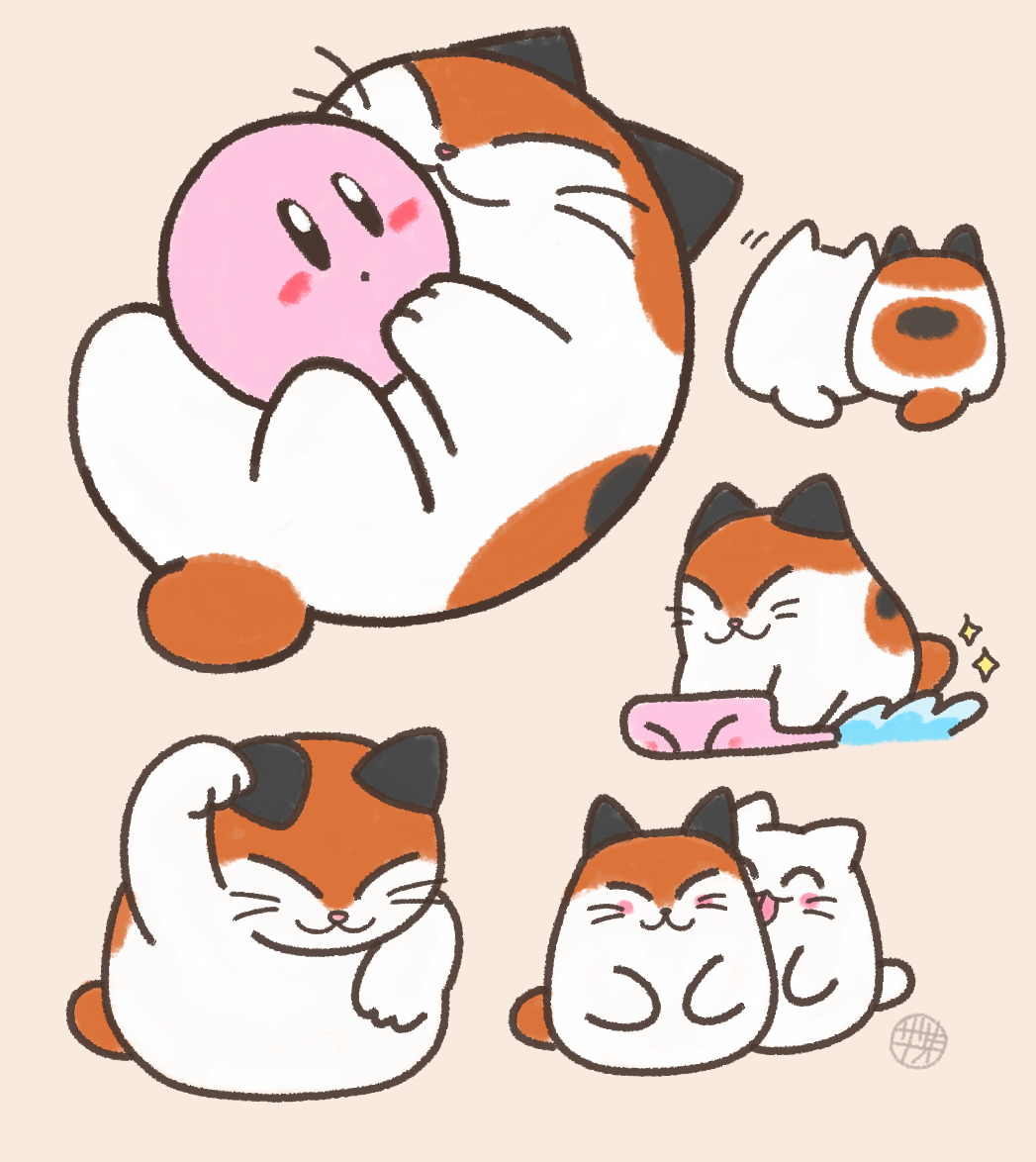 :3 animal_focus calico_(pattern) cat closed_eyes commentary_request kirby kirby&#039;s_dream_land_3 kirby_(series) lying multiple_views nago_(kirby) nintendo no_humans on_back open_mouth pink_background sasakinao signature simple_background sparkle whiskers