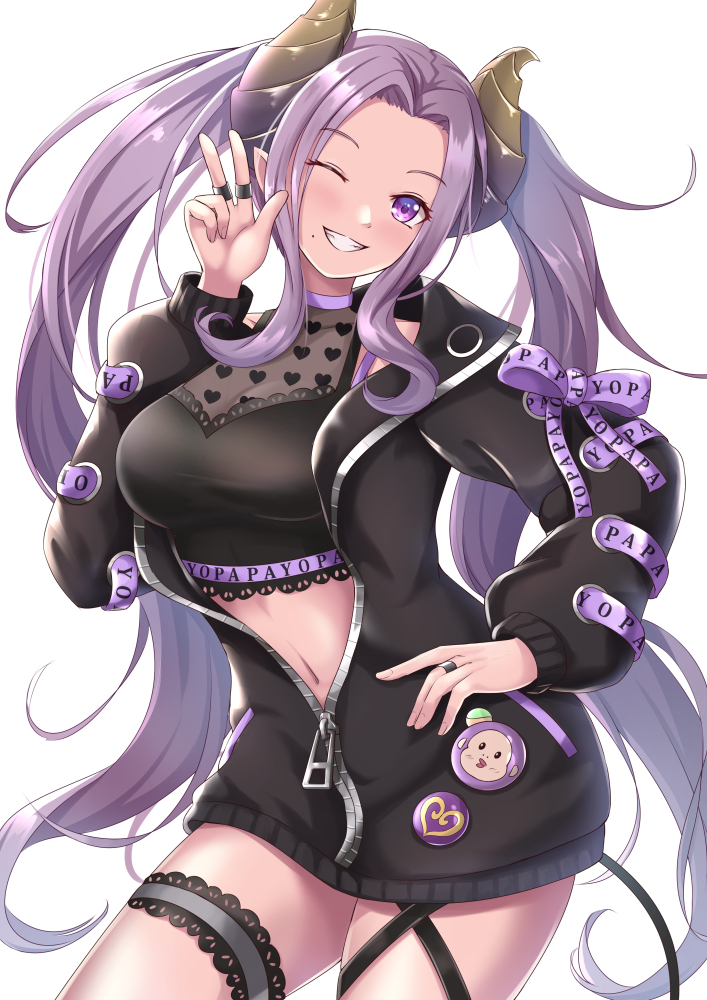 1girl badge black_jacket black_shirt bow breasts brown_horns button_badge cleavage cosplay crop_top cross-laced_clothes cross-laced_sleeves demon_girl demon_horns demon_tail full-length_zipper grin heart heart_print honey_strap horns jacket jewelry kojo_anna kojo_anna_(1st_costume) kojo_anna_(cosplay) large_breasts long_bangs long_hair long_sleeves looking_at_viewer mole mole_under_mouth nanashi_inc. navel one_eye_closed open_clothes open_jacket parted_bangs pointy_ears purple_eyes purple_hair purple_ribbon ribbon ring rush_(rush65336816) russian_text saionji_mary see-through_clothes see-through_cleavage shirt simple_background sleeveless sleeveless_shirt smile solo sugar_lyric tail thigh_strap twintails very_long_hair virtual_youtuber w white_background zipper