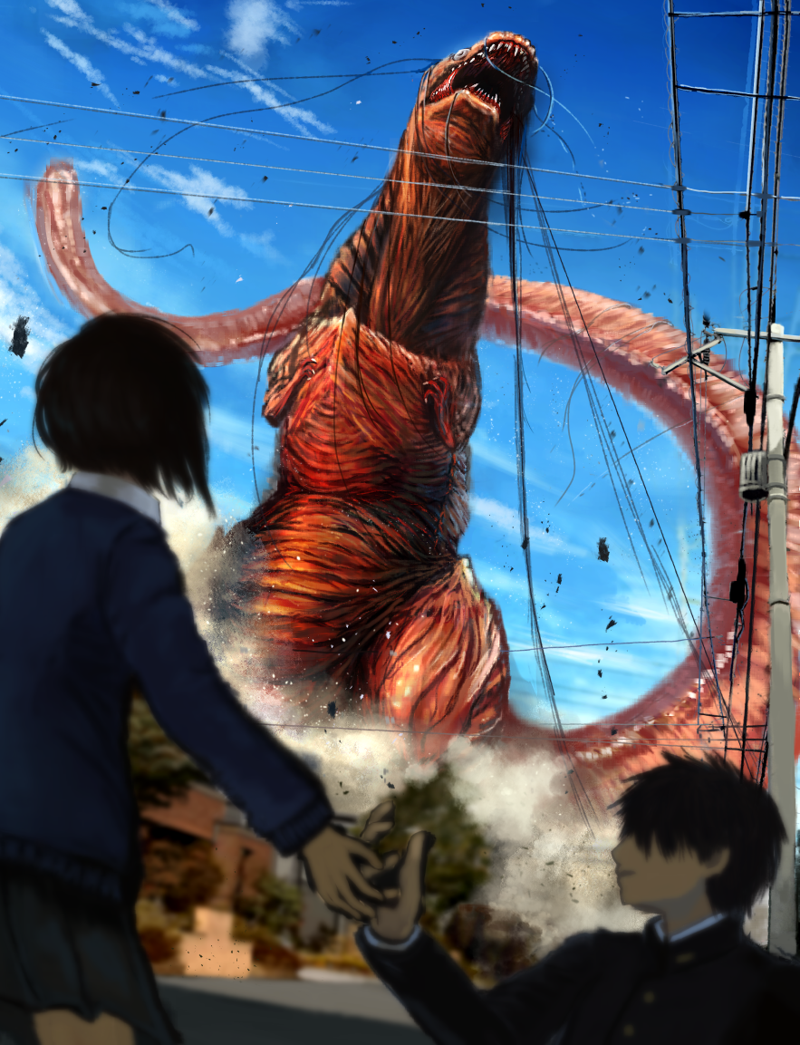 1boy 1girl black_hair blue_sky building cable claws cloud day destruction dust entangled giant giant_monster godzilla godzilla_(series) grabbing_another&#039;s_hand house kaiju monster open_mouth power_lines school_uniform sharp_teeth shin_godzilla short_hair skirt sky spikes suttoko teeth toho transformer tree white_eyes