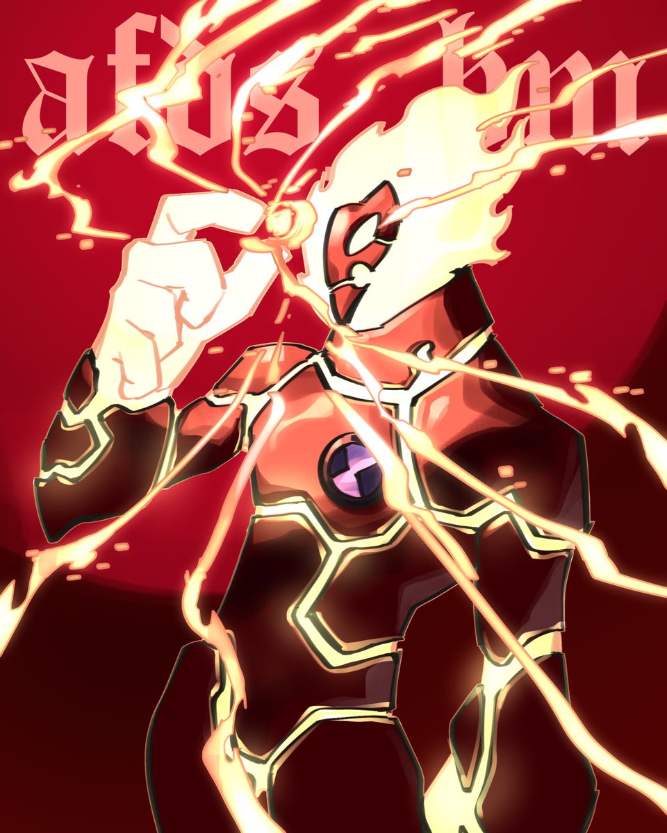 1boy afdsbm alien ben_10 commentary english_commentary english_text fiery_hair fire glowing glowing_hand heatblast highres lava male_focus no_humans omnitrix red_background solo upper_body