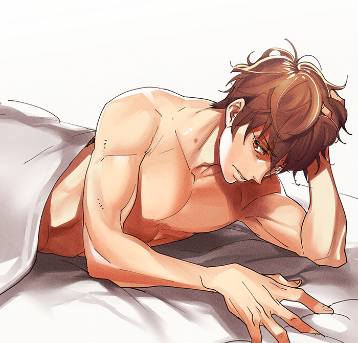 10s 1boy bed_sheet brown_hair free! hand_in_own_hair hickey high_speed! kirishima_natsuya looking_at_viewer male_focus megumi-square naked_sheet parted_lips red_eyes sheet_grab solo under_covers white_background