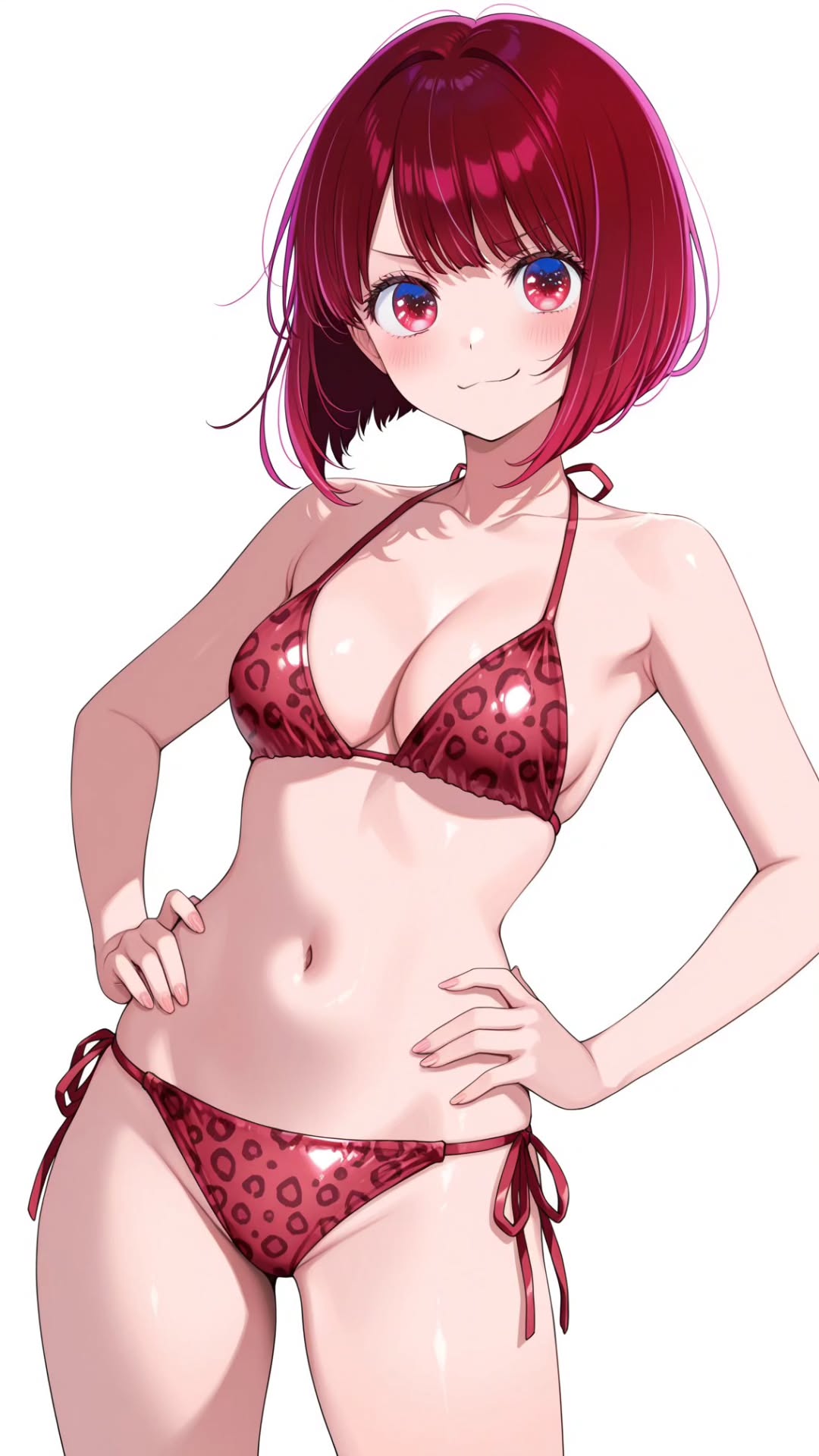 1girl absurdres arima_kana armpits arms_around_waist arms_at_sides belly bikini bob_cut bra breasts cleavage highres looking_at_viewer medium_breasts midriff navel oshi_no_ko panties red_bikini red_eyes red_hair short_hair simple_background smile solo standing swimsuit thighs underwear white_background