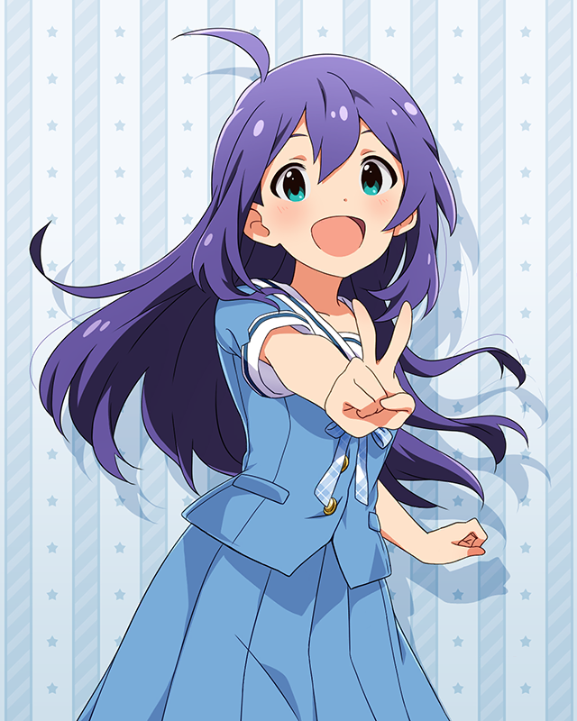 1girl :d ahoge anime_coloring aqua_background aqua_ribbon aqua_shirt aqua_skirt blush breasts cowboy_shot drop_shadow green_eyes hair_between_eyes idolmaster idolmaster_million_live! idolmaster_million_live!_theater_days long_hair looking_at_viewer mochizuki_anna official_art open_mouth purple_hair ribbon shirt skirt small_breasts smile solo standing star_(symbol) summer_junior_highschool_(idolmaster) summer_uniform_series_(idolmaster) v