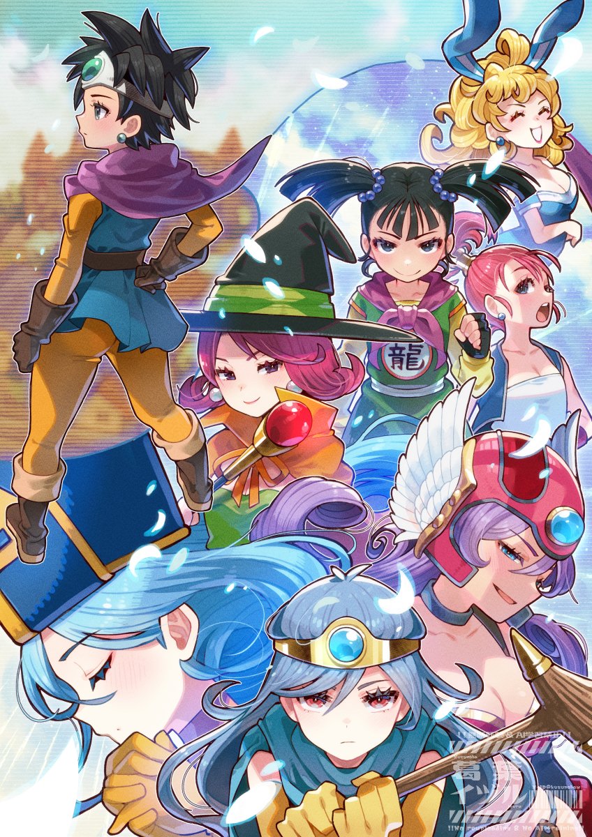 6+girls animal_ears aqua_cape aqua_gemstone armor bikini_armor black_choker black_eyes black_gloves black_hair blonde_hair blue_eyes blue_gemstone blue_hair blue_leotard blue_tunic blunt_bangs blunt_ends bob_cut boots breasts brown_boots brown_eyes brown_gloves cape chinese_clothes choker circlet cleavage commentary_request curly_hair dragon_quest dragon_quest_iii dress earrings everyone fake_animal_ears fingerless_gloves floating_clothes floating_hair gadabout_(dq3) gem gloves gold_circlet green_dress hair_pulled_back hair_tubes half-closed_eyes hand_on_own_hip hat helmet heroine_(dq3) high_ponytail highres holding holding_staff jewelry kuzuno_ha large_breasts leotard long_hair mage_(dq3) mage_staff martial_artist_(dq3) medium_breasts merchant_(dq3) mitre multiple_girls neckerchief open_mouth orange_cape own_hands_clasped own_hands_together pants pink_hair pink_neckerchief playboy_bunny ponytail praying priest_(dq3) profile purple_cape purple_hair rabbit_ears red_armor red_eyes red_gemstone red_helmet roto_(dq3) sage_(dq3) short_hair silver_circlet single_hair_tube smile spiked_hair staff strapless strapless_dress strapless_leotard stud_earrings tunic twintails warrior_(dq3) winged_helmet witch_hat yellow_gloves yellow_pants yellow_sleeves