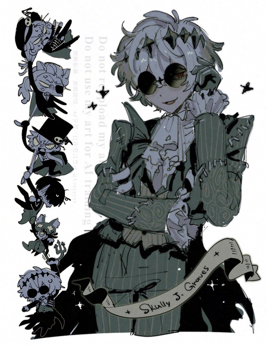 5boys anger_vein banner black_gloves character_name chibi chibi_inset clothes_grab cropped_legs crossed_arms diamond_hairband film_grain formal_clothes frilled_sleeves frills furrowed_brow gloves grabbing_another&#039;s_hair grim_(twisted_wonderland) hair_between_eyes hand_up hat jamil_viper leona_kingscholar lion_boy male_focus multiple_boys orange_eyes pants parted_lips round_eyewear sebek_zigvolt short_hair sketch skully_j._graves smile solo_focus sparkle stitches striped_clothes striped_pants striped_suit striped_vest suit sunglasses tail tail_grab top_hat twisted_wonderland ureyyyyy v-shaped_eyebrows vest waistcoat watermark white_background wingtip_collar yuu_(twisted_wonderland)