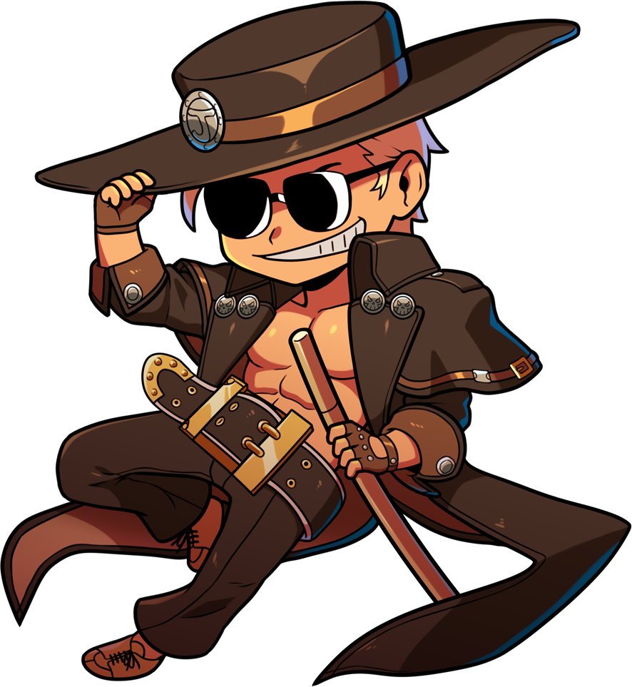 1boy abs belt_buckle black_hat black_jacket blonde_hair brown_footwear buckle cowboy fingerless_gloves gloves guilty_gear guilty_gear_strive hat holding holding_sword holding_weapon jacket johnny_(guilty_gear) kitsune23star open_clothes open_jacket short_hair smile sunglasses sword weapon western