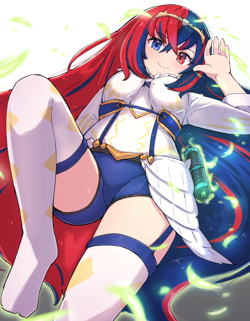 1girl blue_eyes blue_hair blue_shorts crossed_bangs female_alear_(awoken_divinity)_(fire_emblem) female_alear_(fire_emblem) fire_emblem fire_emblem_engage garter_straps hetero knee_up kutabireta_neko long_hair looking_at_viewer lying nintendo on_back red_eyes red_hair shorts smile solo split thighhighs thighs very_long_hair white_background white_thighhighs