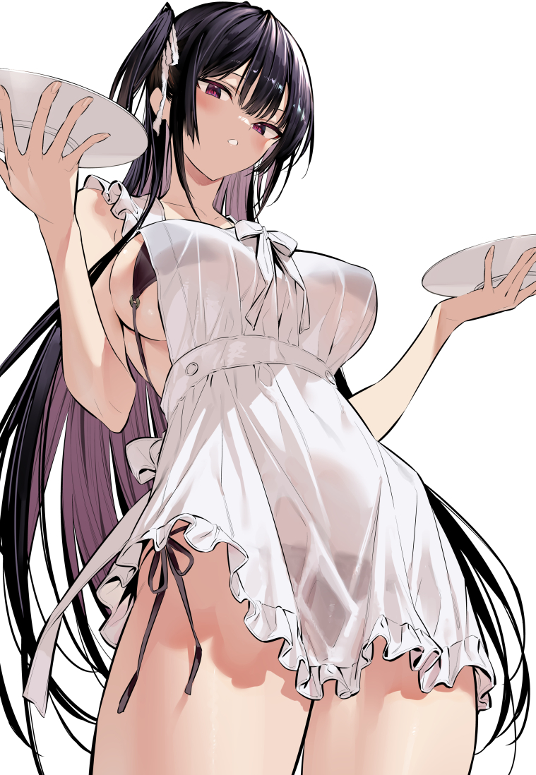 1girl apron bikini black_hair blush breasts colored_inner_hair frilled_apron frills haite_kudasai_takamine-san hiiragi_yuuichi holding holding_plate large_breasts long_hair looking_at_viewer looking_down multicolored_hair parted_lips plate purple_hair ribbon see-through_clothes side-tie_bikini_bottom simple_background solo standing swimsuit takamine_takane thighs very_long_hair