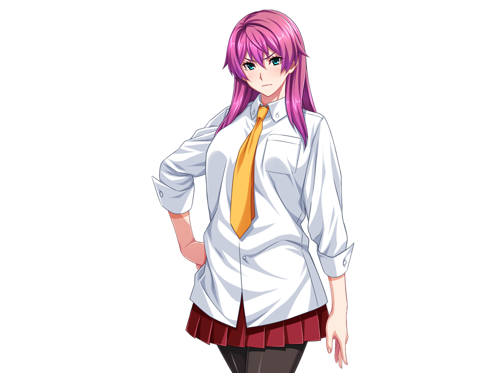 1girl aqua_eyes black_pantyhose blue_eyes breast_pocket cowboy_shot frown game_cg gentle_sasaki hand_on_own_hip large_variant_set long_hair looking_at_viewer necktie non-web_source official_art pantyhose pink_hair pleated_skirt pocket purple_hair red_skirt school_uniform shindou_hatsune shirt skirt solo soukou_senki_prism_reica transparent_background variant_set white_shirt yellow_necktie