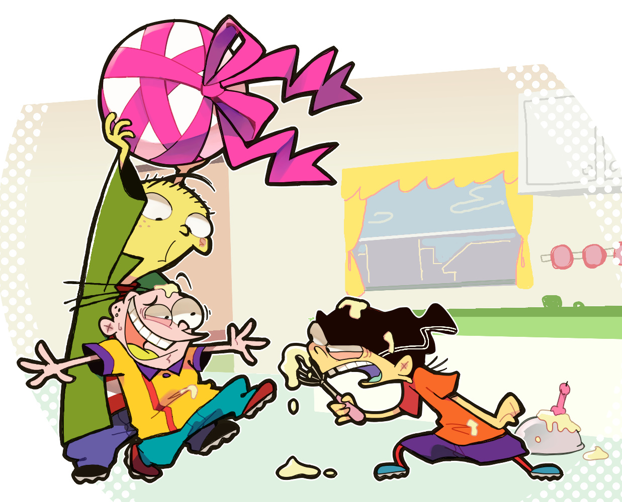 3boys annoyed blue_footwear candy cartoon_network ed_(ed_edd_n_eddy) ed_edd_n_eddy edd_(ed_edd_n_eddy) eddy_(ed_edd_n_eddy) expressionless food green_jacket hat holding jacket kitchen looking_at_another male_focus multiple_boys orange_shirt pants purple_shorts ribbon shirt shoes shorts simple_background smile tsunoji yellow_shirt