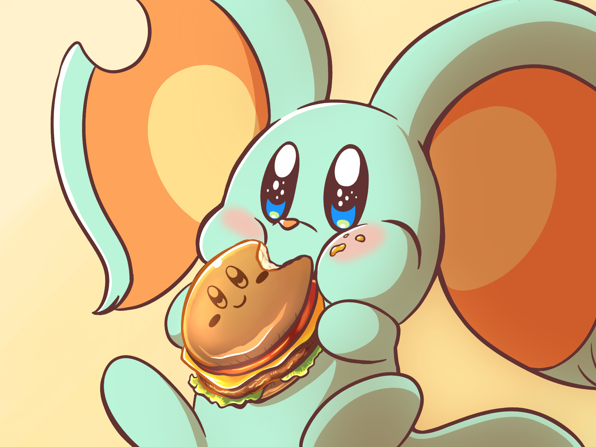 animal_ears burger ddddndn eating elfilin food food_on_face highres holding holding_food kirby_(series) kirby_and_the_forgotten_land kirby_burger mouse_ears nintendo no_humans notched_ear solid_oval_eyes solo tail yellow_background
