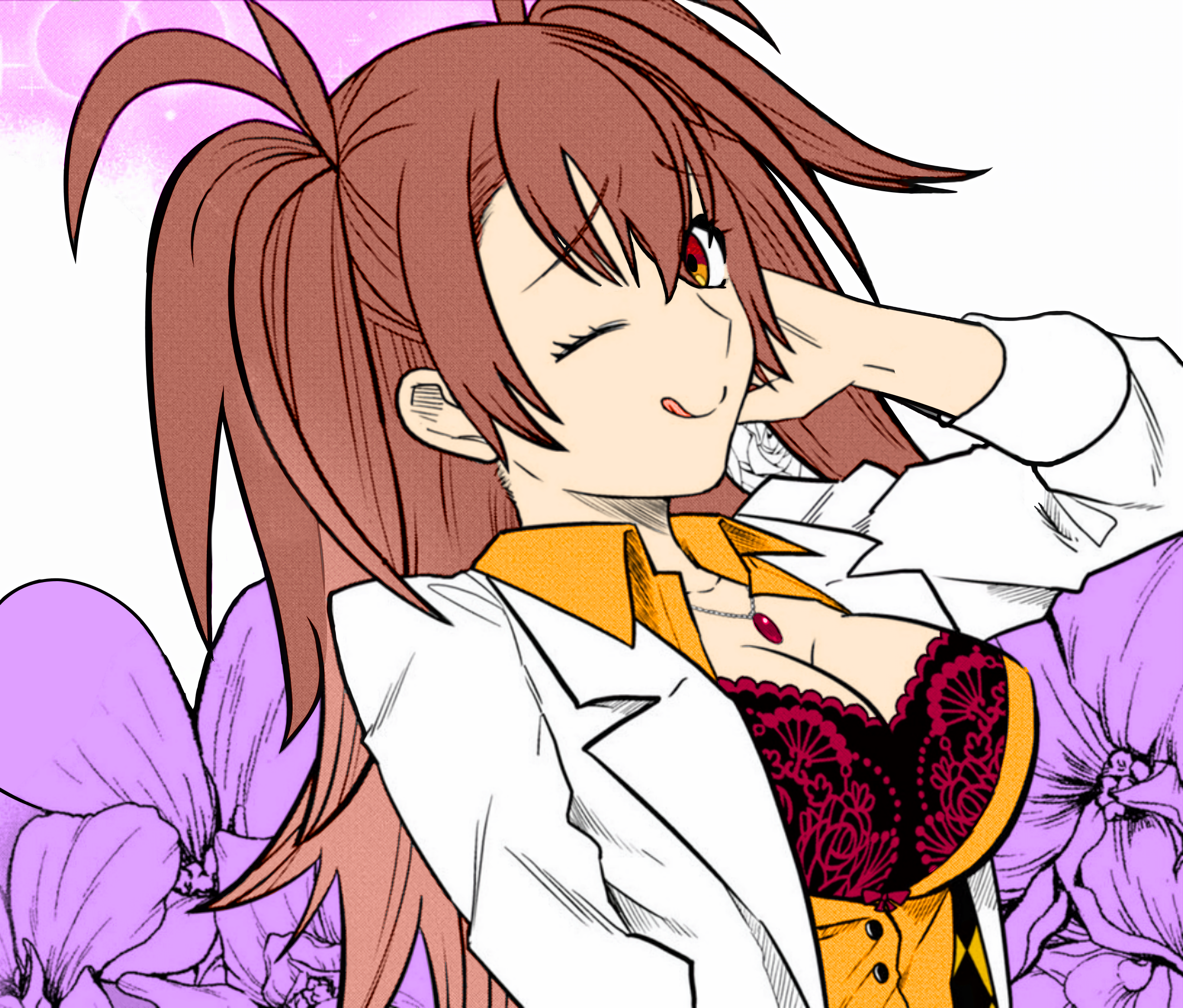 1girl blush bra breasts brown_hair dr._arach floral_background highres lab_coat lace lace_bra large_breasts long_hair looking_at_viewer metarogu non-web_source official_art orange_vest tongue tongue_out tsukihime tsukihime_(remake) underwear vest white_background